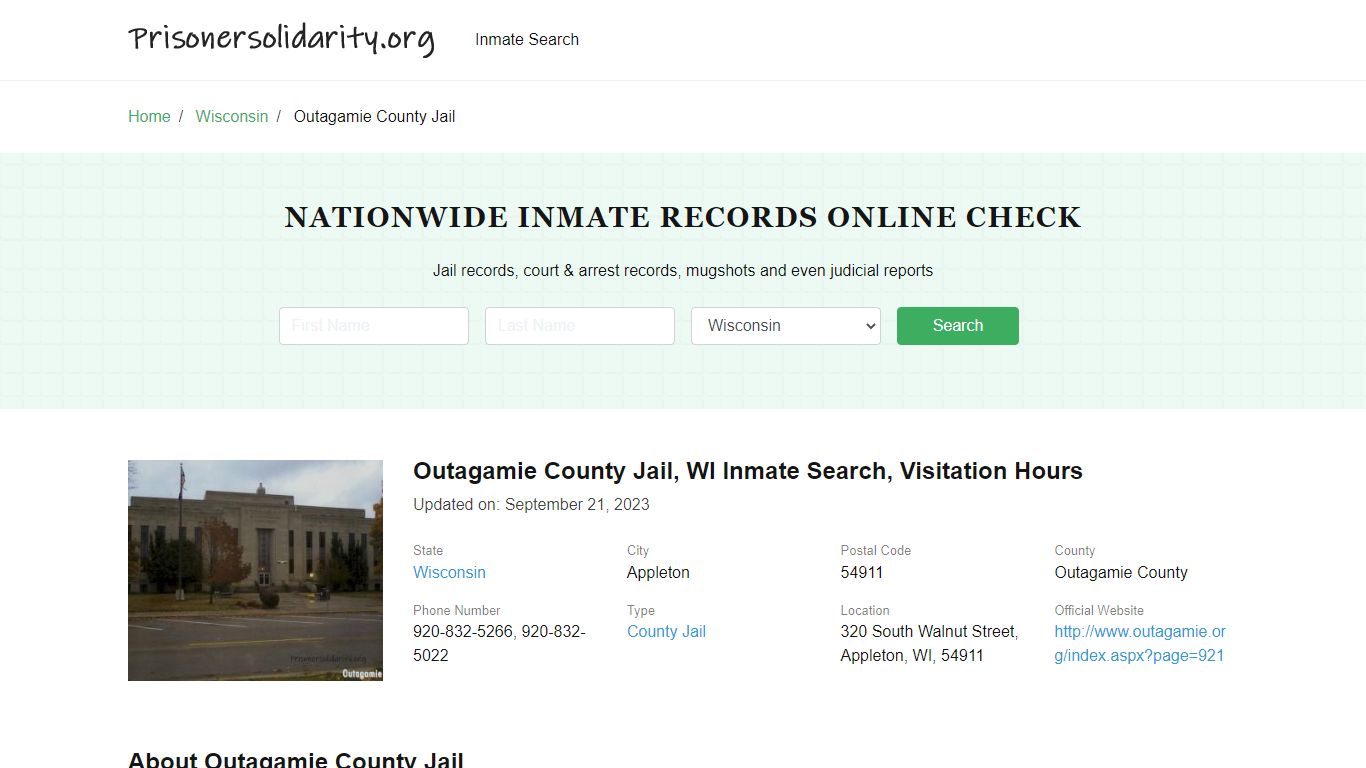 Outagamie County Jail, WI Inmate Search, Visitation Hours